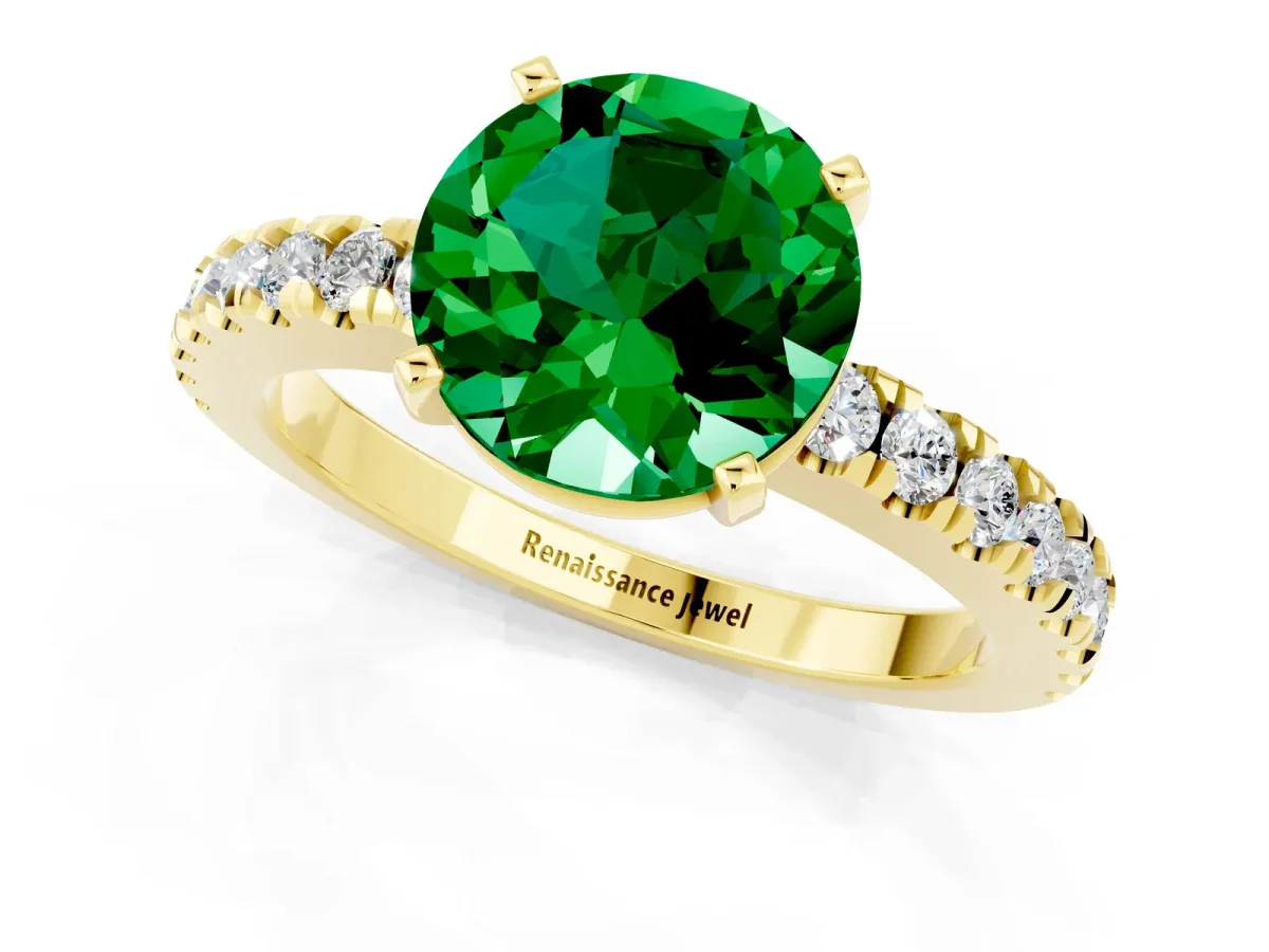 Round Cut Solitaire Emerald with Pavé Band and Four-Prong Setting Yellow gold