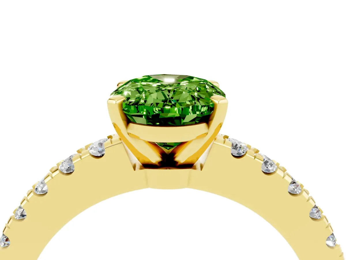 Oval Cut Solitaire Peridot with Pavé Band and Four-Prong Setting Yellow gold