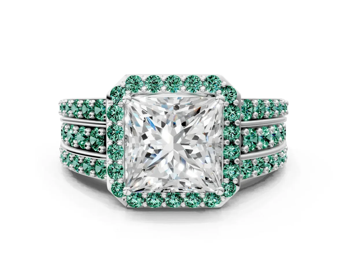 Princess Cut Halo Diamond Ring with Round Green Sapphire Split Shank and Prong Setting Silver