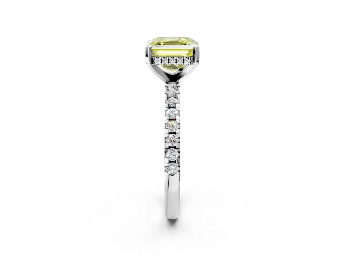 Fancy Yellow Asscher Cut Diamond Solitaire Ring with Round Pavé Band and Four-Prong Setting Silver