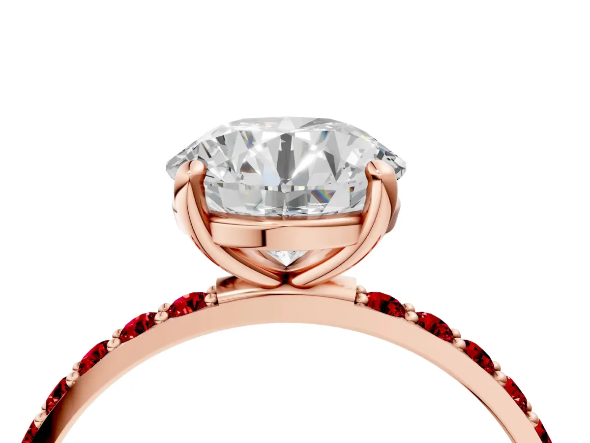 Round Cut Diamond Solitaire Ring with Round Ruby Pavé Band and Prong Setting Rose gold