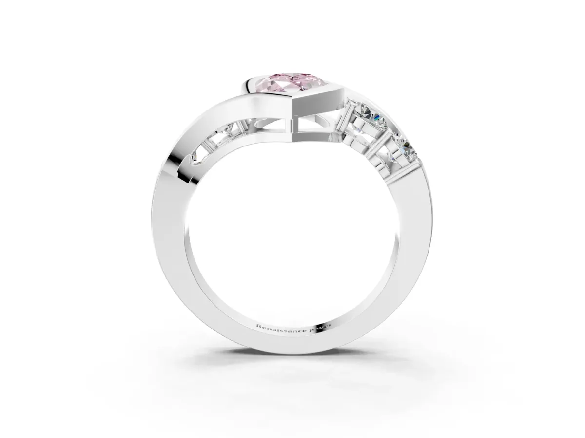Fancy Pink Bezel Set Marquise Cut Diamond Bypass Ring with Round Accents Silver