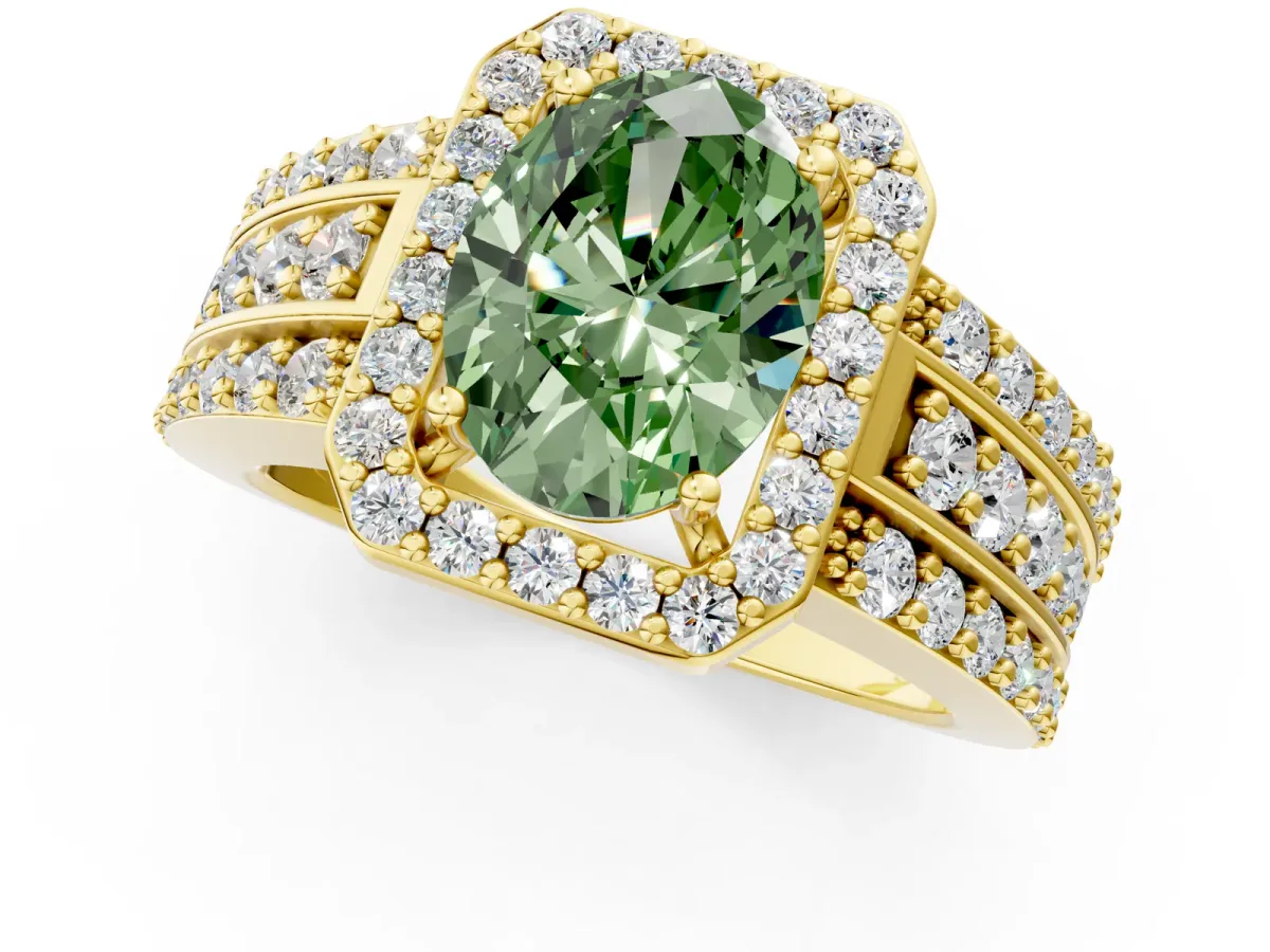 Fancy Green Oval Cut Halo Diamond Ring with Round Split Shank and Prong Setting Yellow gold