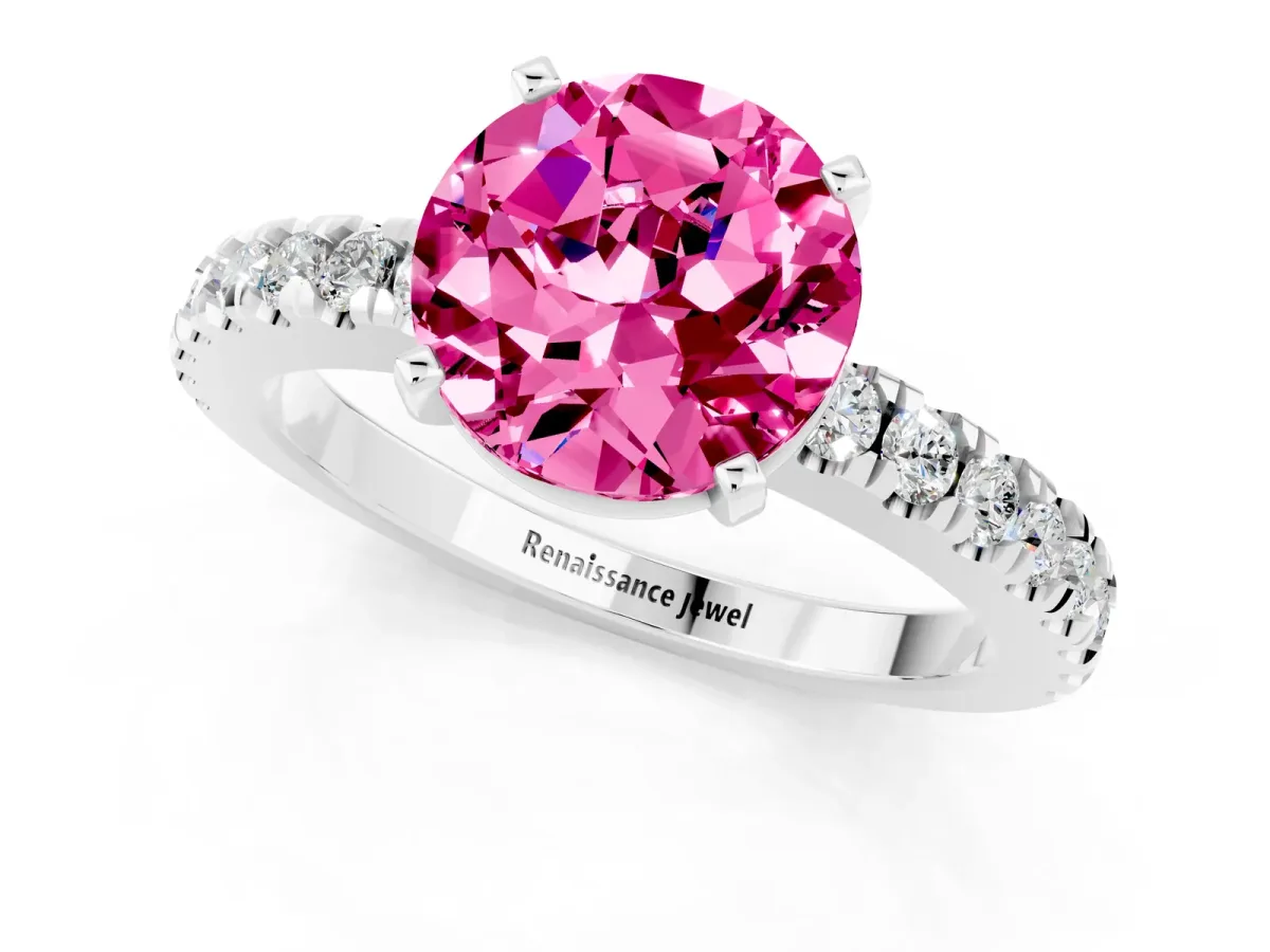 Round Cut Solitaire Pink Sapphire with Pavé Band and Four-Prong Setting Silver