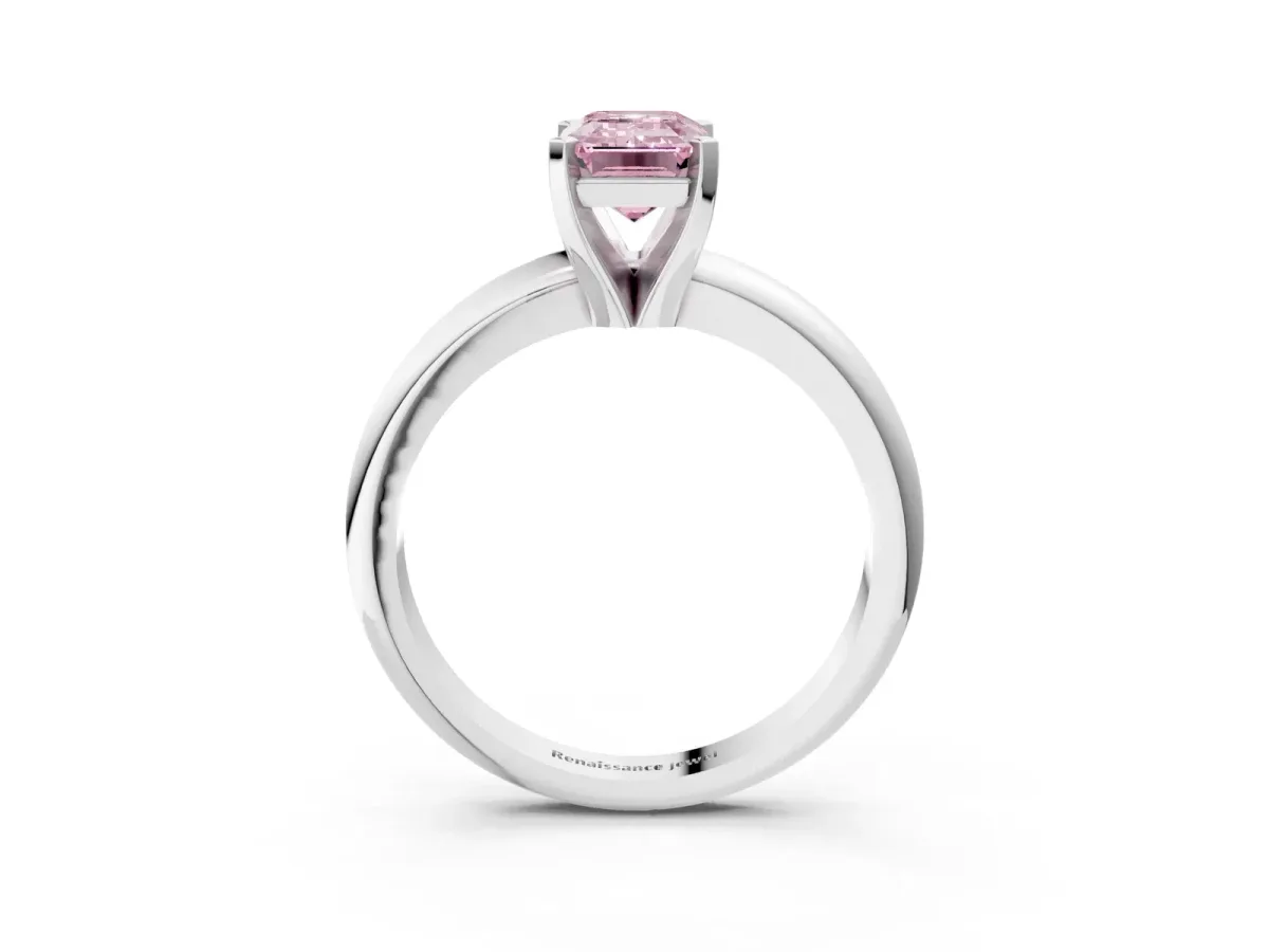 Fancy Pink Emerald Cut Diamond Solitaire Engagement Ring with Round Band and Four-Prong Setting Silver