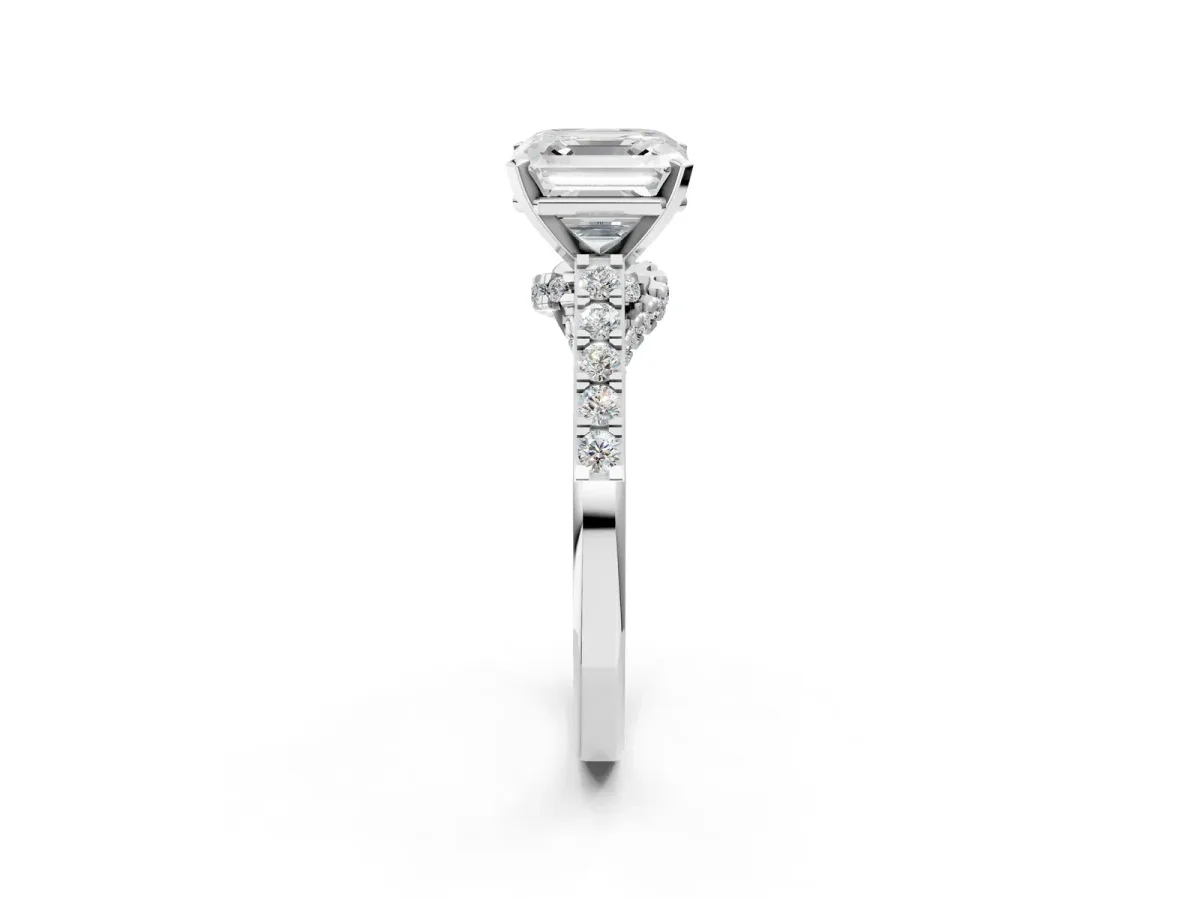 Asscher Cut Diamond Solitaire Ring with Crossover Gallery and Round Pavé Band Silver