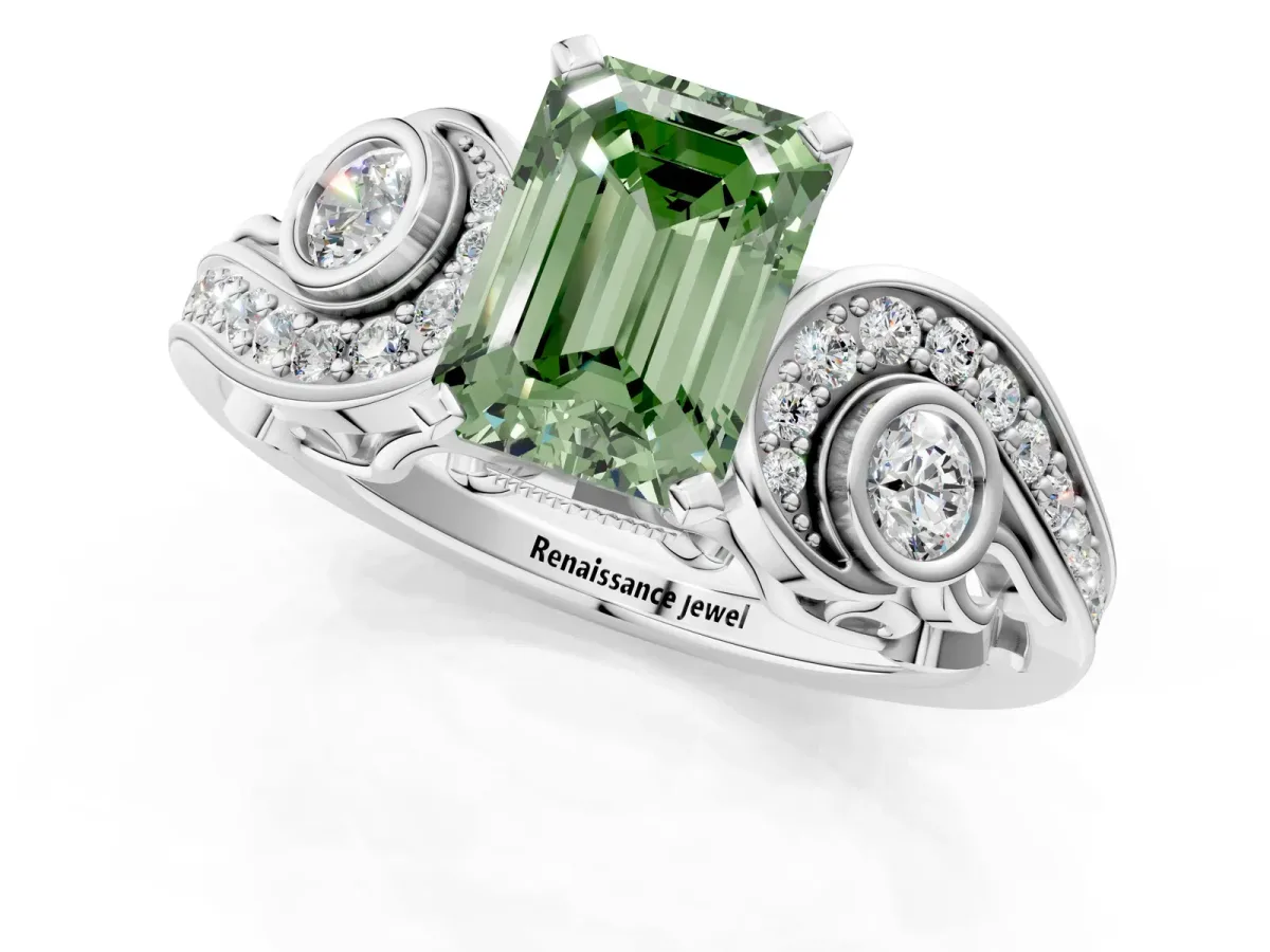 Fancy Green Emerald Cut Diamond Solitaire Ring with Milgrain Pavé Band and Four-Prong Setting Silver