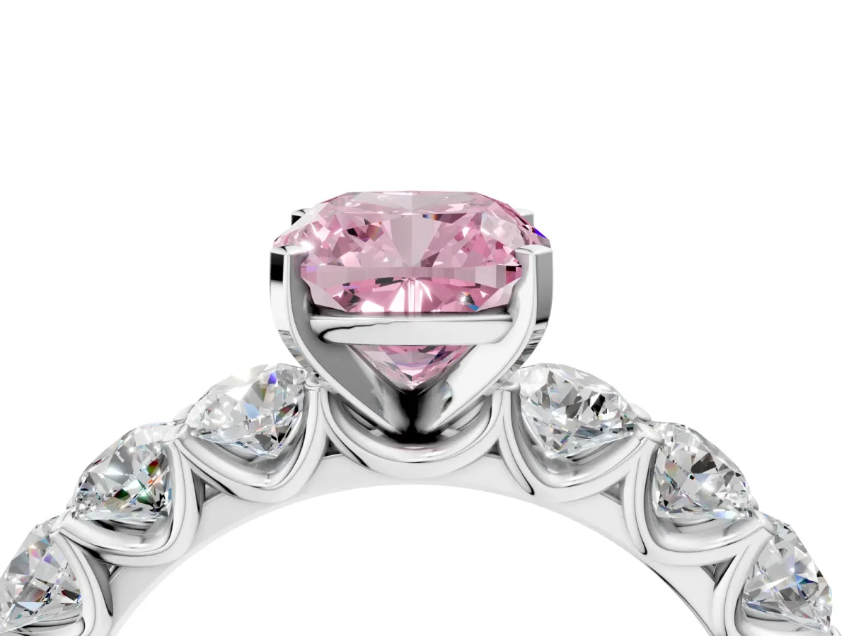 Fancy Pink Cushion Cut Diamond Prong Setting with Side Stones on a Pave Band Silver