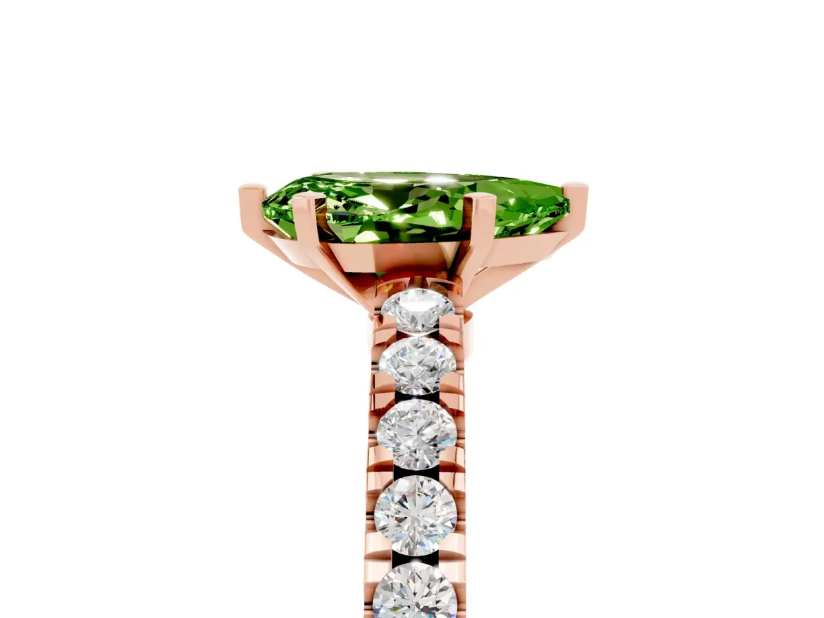 Pear Cut Solitaire Peridot with Pavé Band and Four-Prong Setting Rose gold