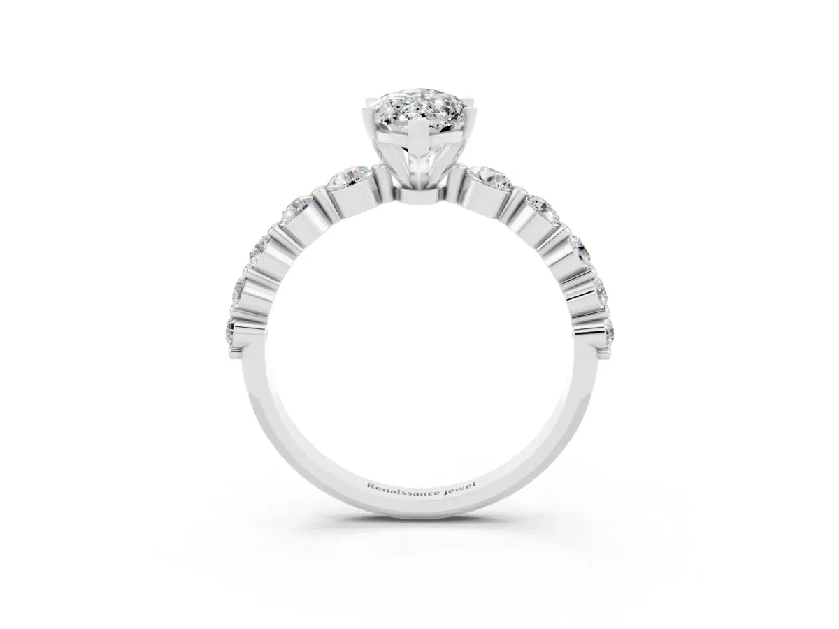 Marquise Cut Solitaire Moissanite Ring with Pave Band and Four-Prong Setting Silver