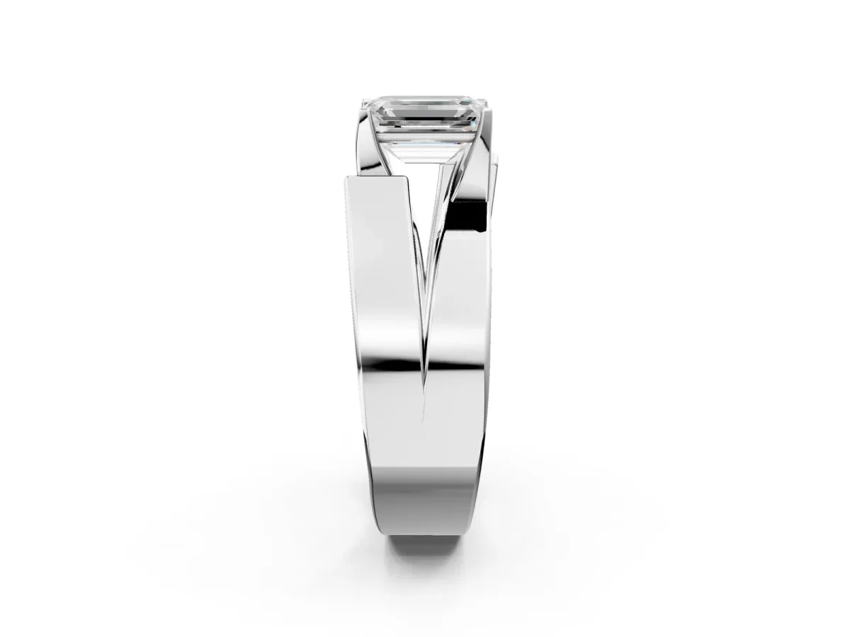 Modern Tension Set Emerald Cut Diamond Solitaire Wide Band Ring Platinum