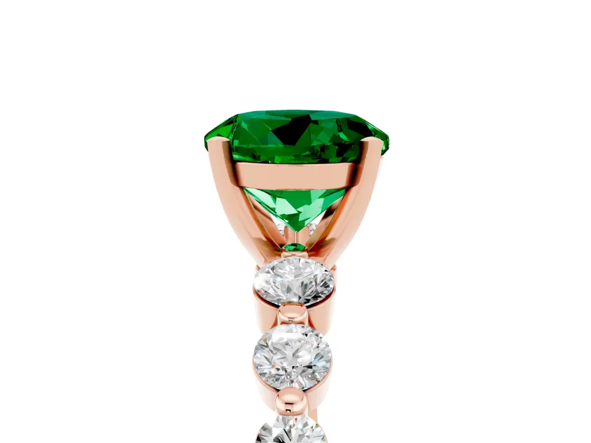 Round Cut Solitaire Emerald Ring with Pave Band and Four-Prong Setting Rose gold