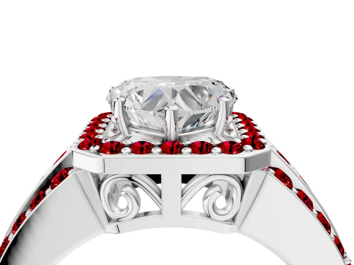 Heart Cut Halo Diamond Ring with Round Ruby Split Shank and Prong Setting Platinum