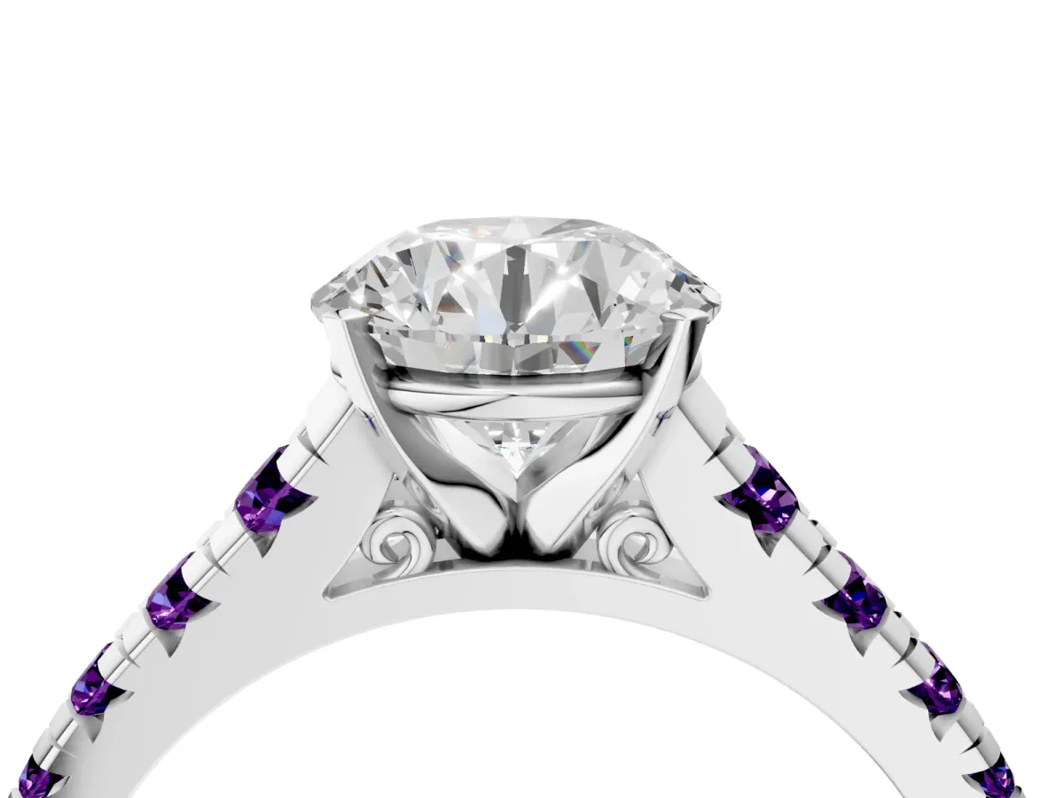 Round Cut Diamond Cathedral Solitaire Ring with Round Amethyst Pavé Band Silver