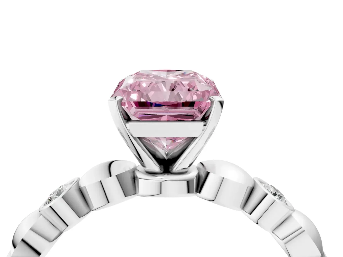 Fancy Pink Radiant Cut Solitaire Bezel-Set Diamond Ring with Beaded Band and Four-Prong Setting Platinum
