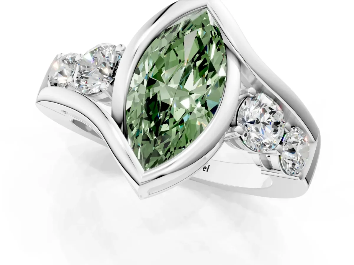Fancy Green Bezel Set Marquise Cut Diamond Bypass Ring with Round Accents Silver