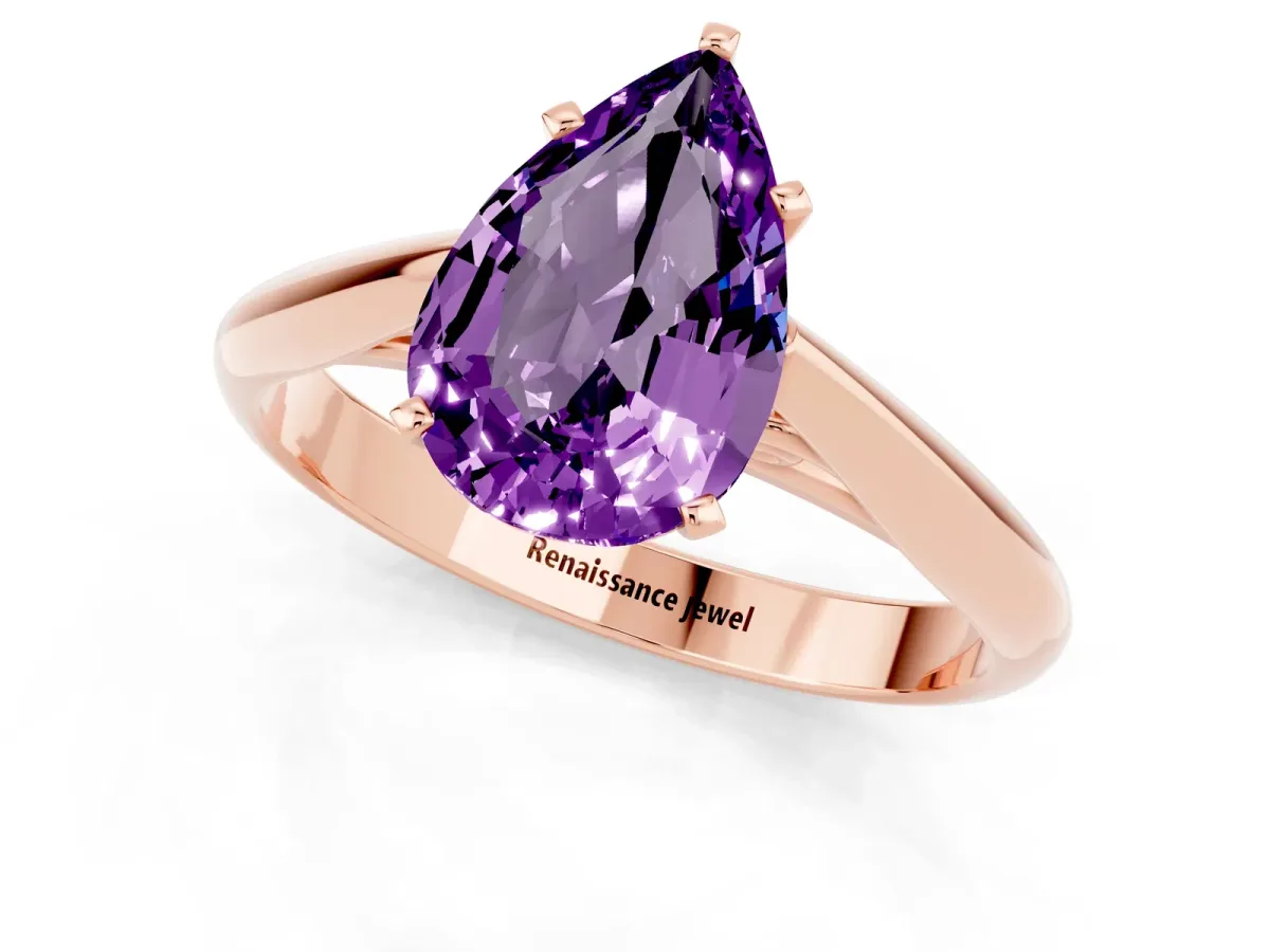 Pear Cut Amethyst Solitaire Engagement Ring with Cathedral Setting and Four-Prong Mount Rose gold