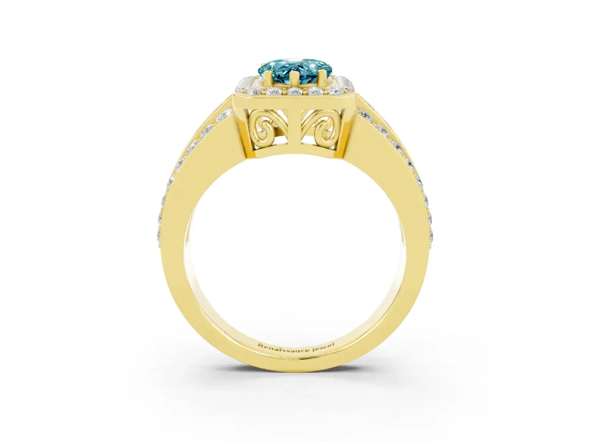 Pear Cut Halo Blue Topaz Ring with Round Split Shank and Prong Setting Yellow gold