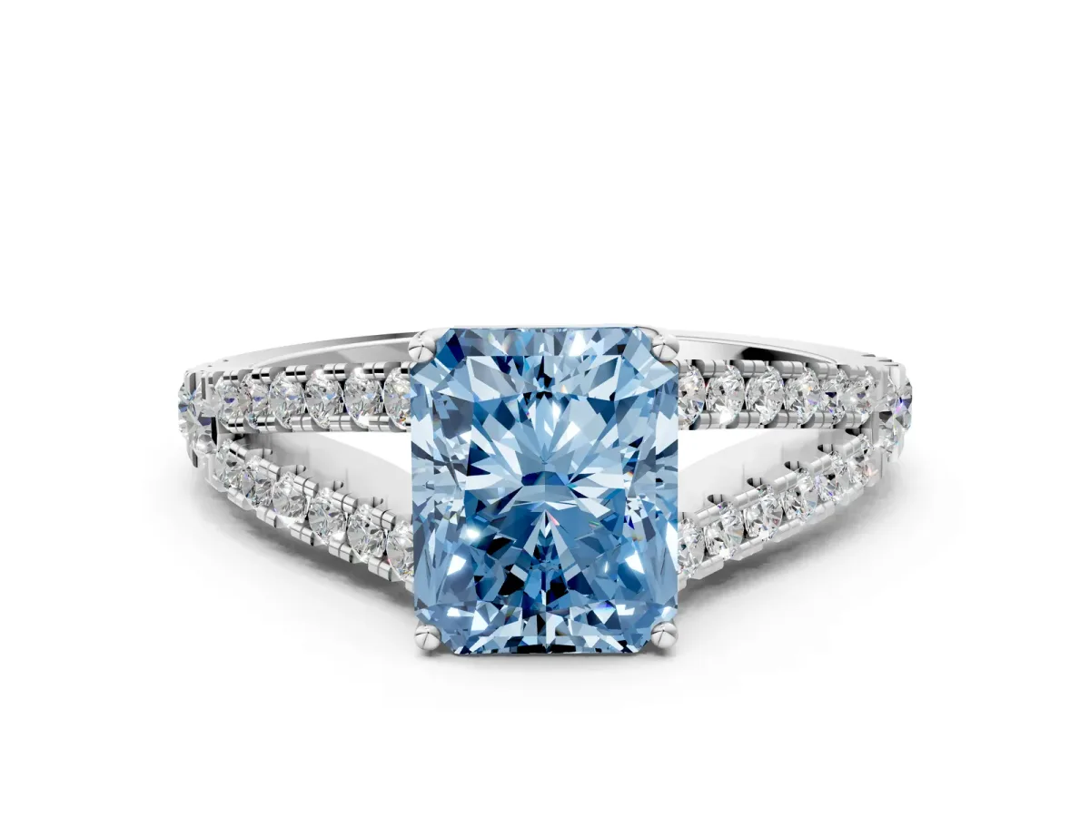 Fancy Blue Radiant Cut Diamond Split Shank Engagement Ring with Round Pavé and Prong Setting Platinum