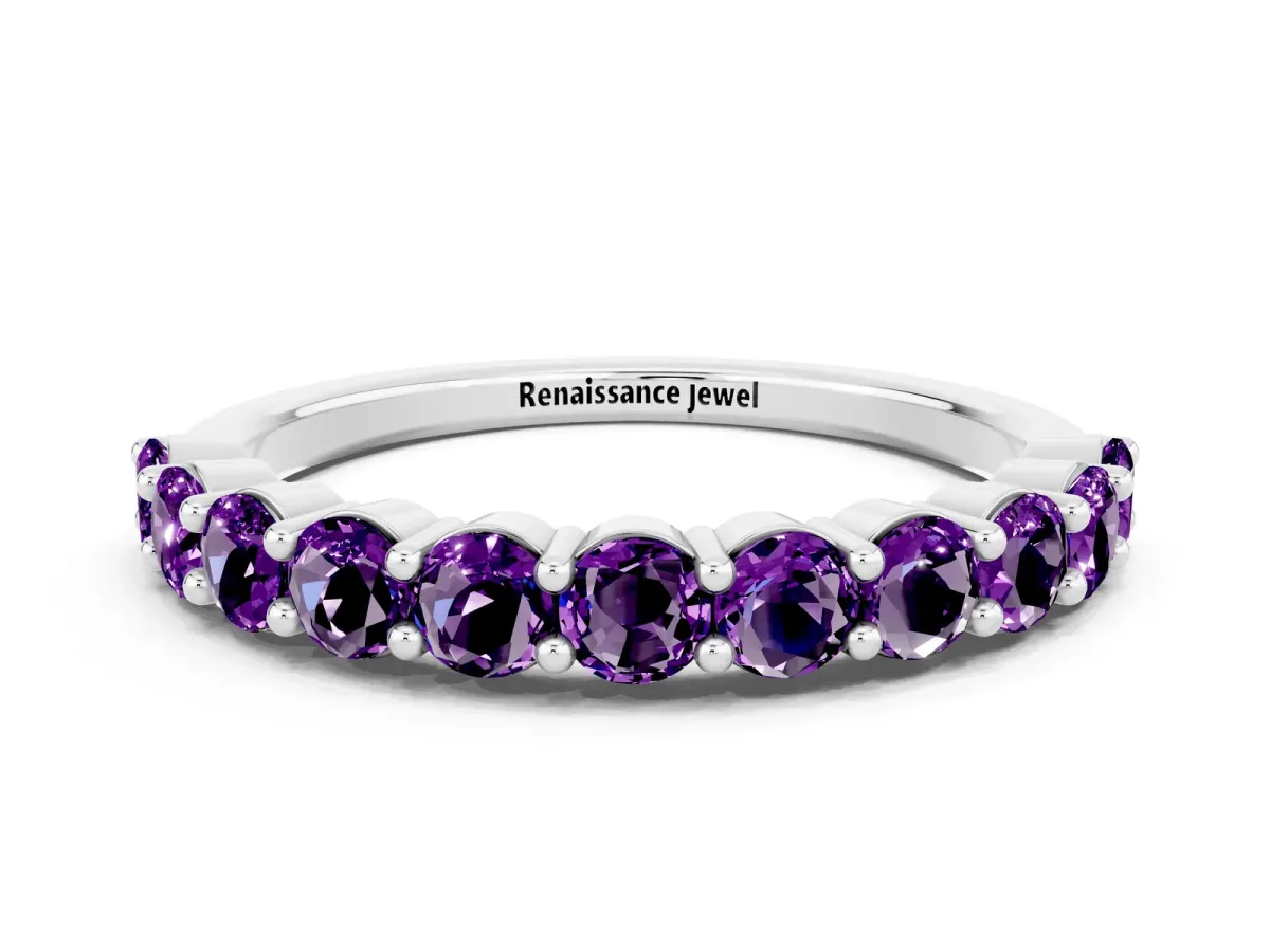 Round Amethyst Half Eternity Band with Prong Setting Platinum