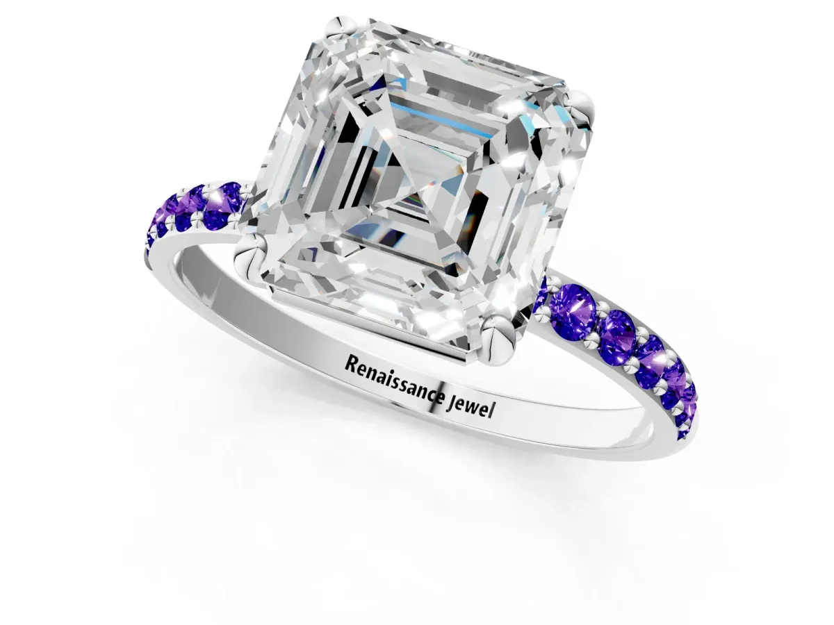 Asscher Cut Diamond Solitaire Ring with Round Tanzanite Pavé Band and Prong Setting Silver