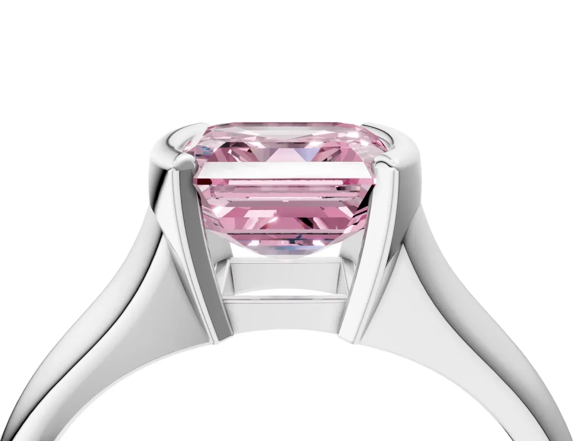 Fancy Pink Asscher Cut Solitaire Tension Set Diamond Ring with Split Shank Band Platinum