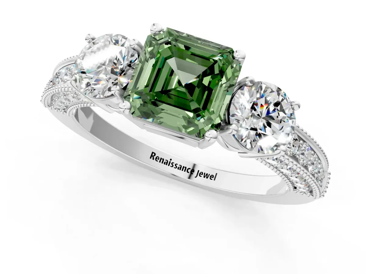 Fancy Green Asscher Cut Three-Stone Diamond Ring with Pavé Band and Four-Prong Setting Platinum