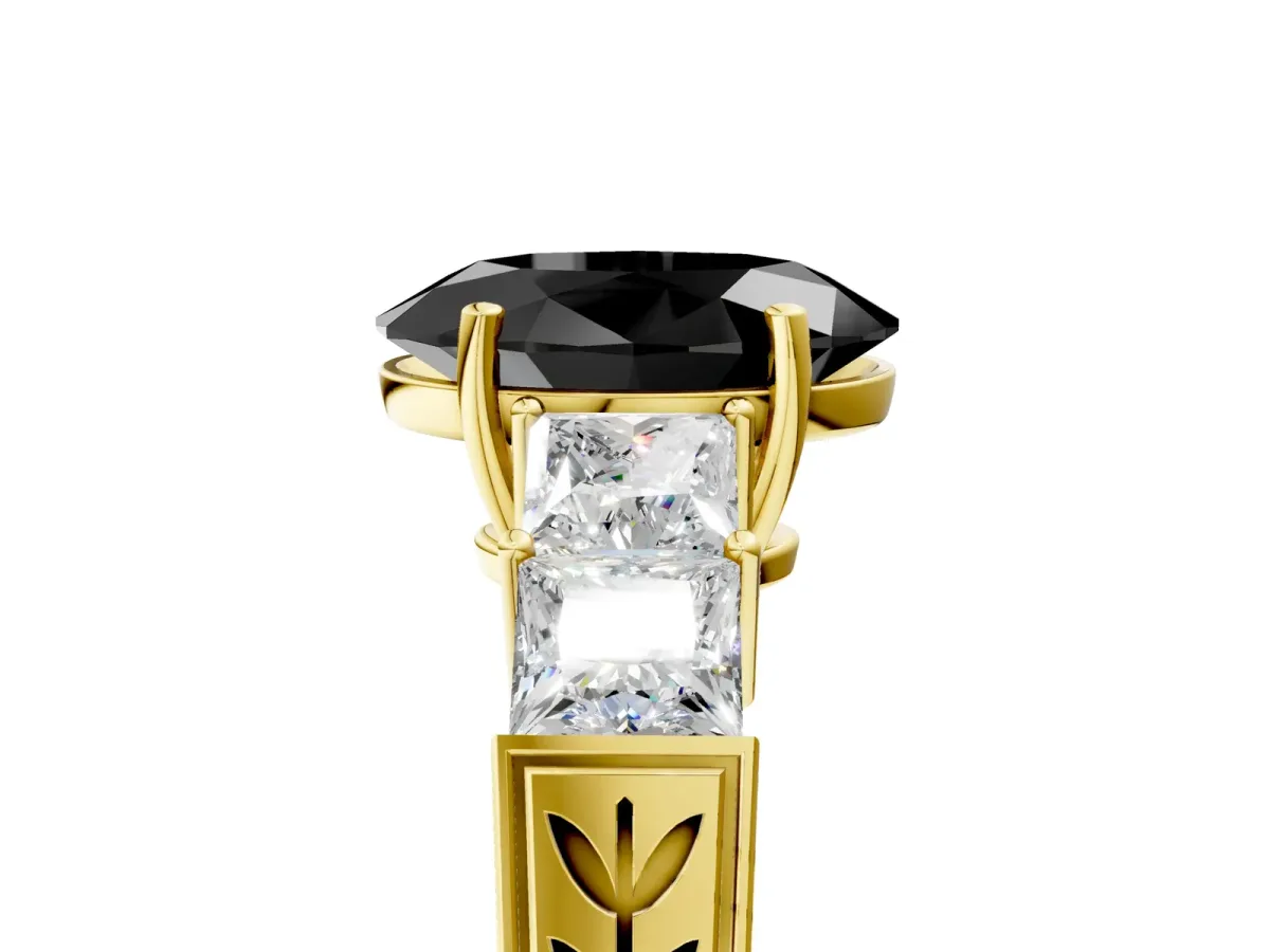 Fancy Black Oval Cut Solitaire Princess Side Stone Engraved Band Prong Setting Ring Yellow gold