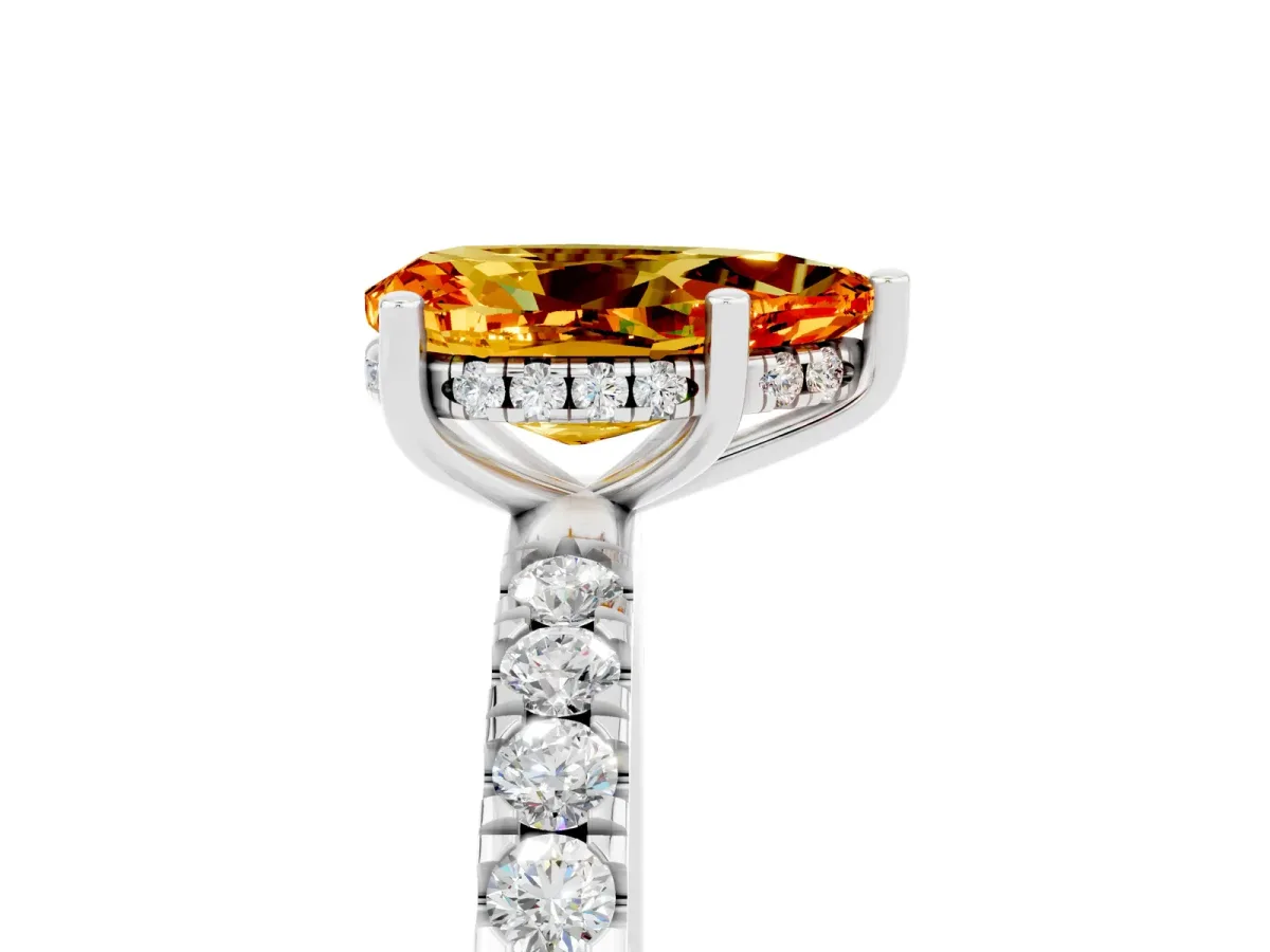 Pear Cut Citrine Pave Band Solitaire Ring with Round and Prong Setting White gold