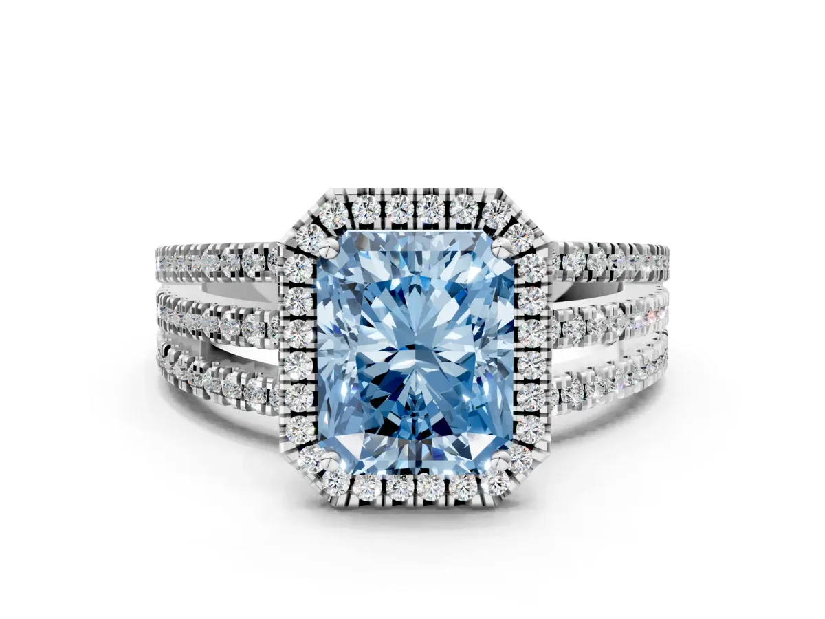 Fancy Blue Radiant Cut Diamond Halo Engagement Ring with Split Shank and Four-Prong Setting Platinum