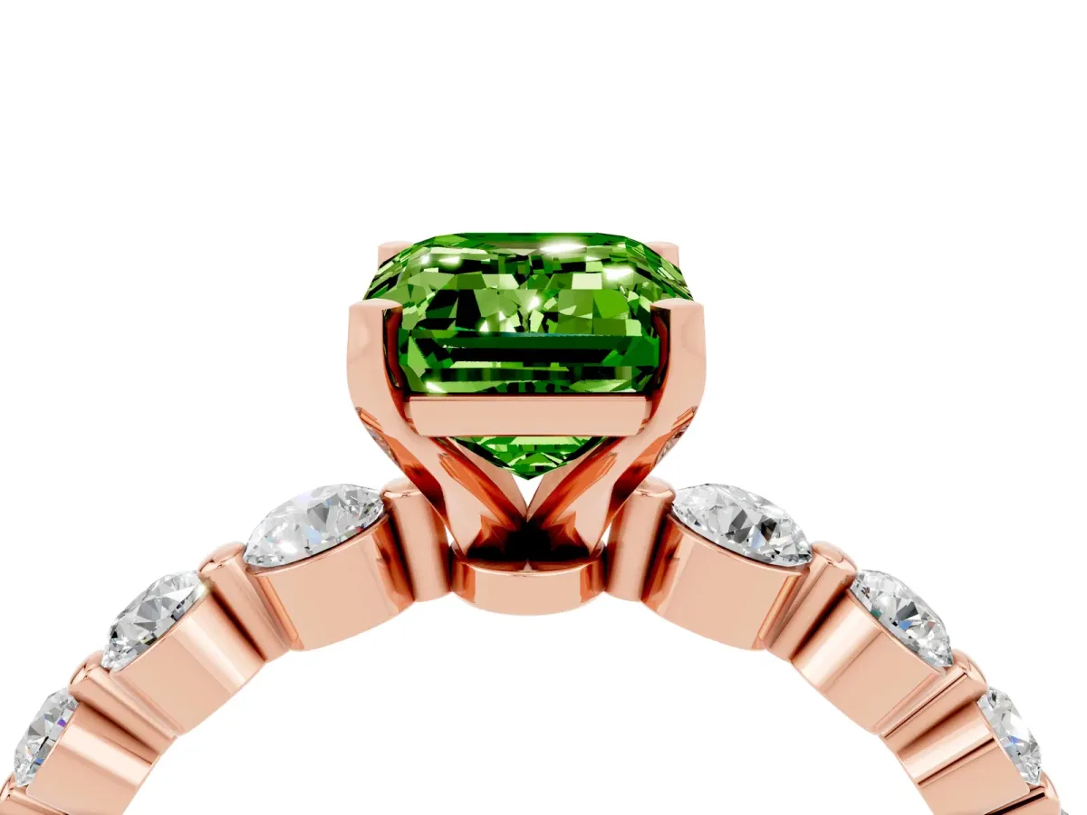 Emerald Cut Solitaire Peridot Ring with Pave Band and Four-Prong Setting Rose gold