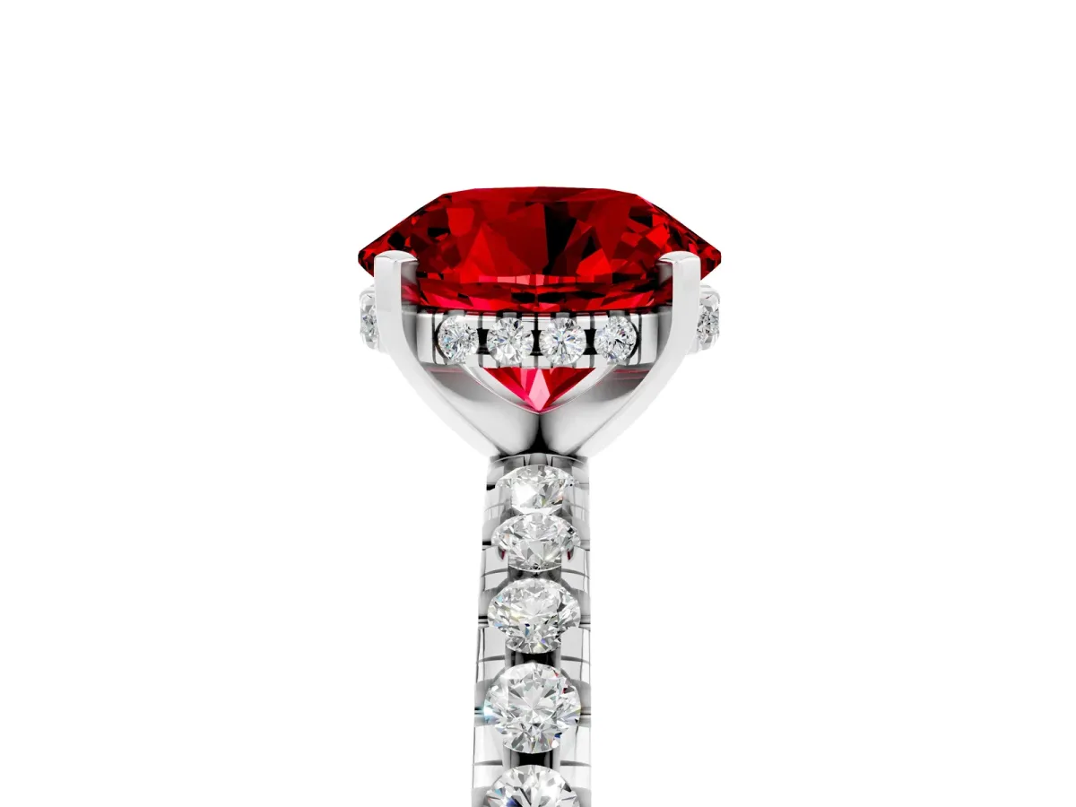 Round Cut Ruby Solitaire Ring with Round Pavé Band and Four-Prong Setting White gold