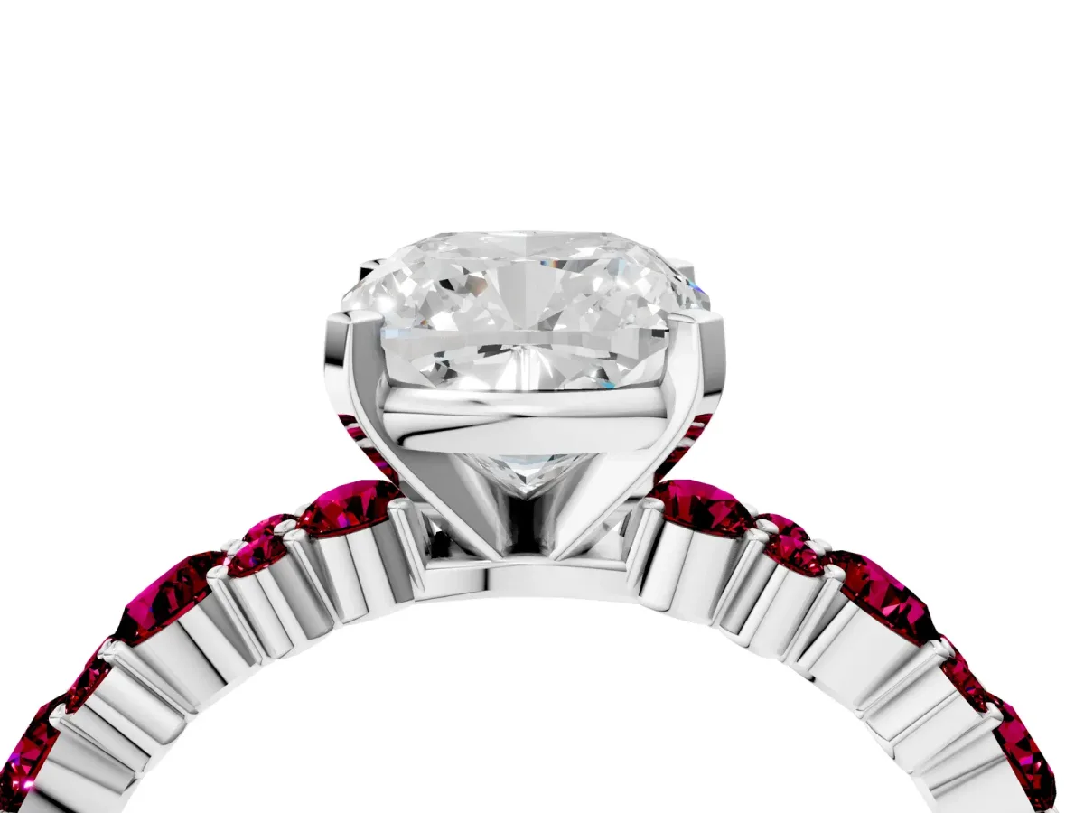 Cushion Cut Diamond Side Stone Solitaire Ring with Round Garnet and Four-Prong Setting Silver