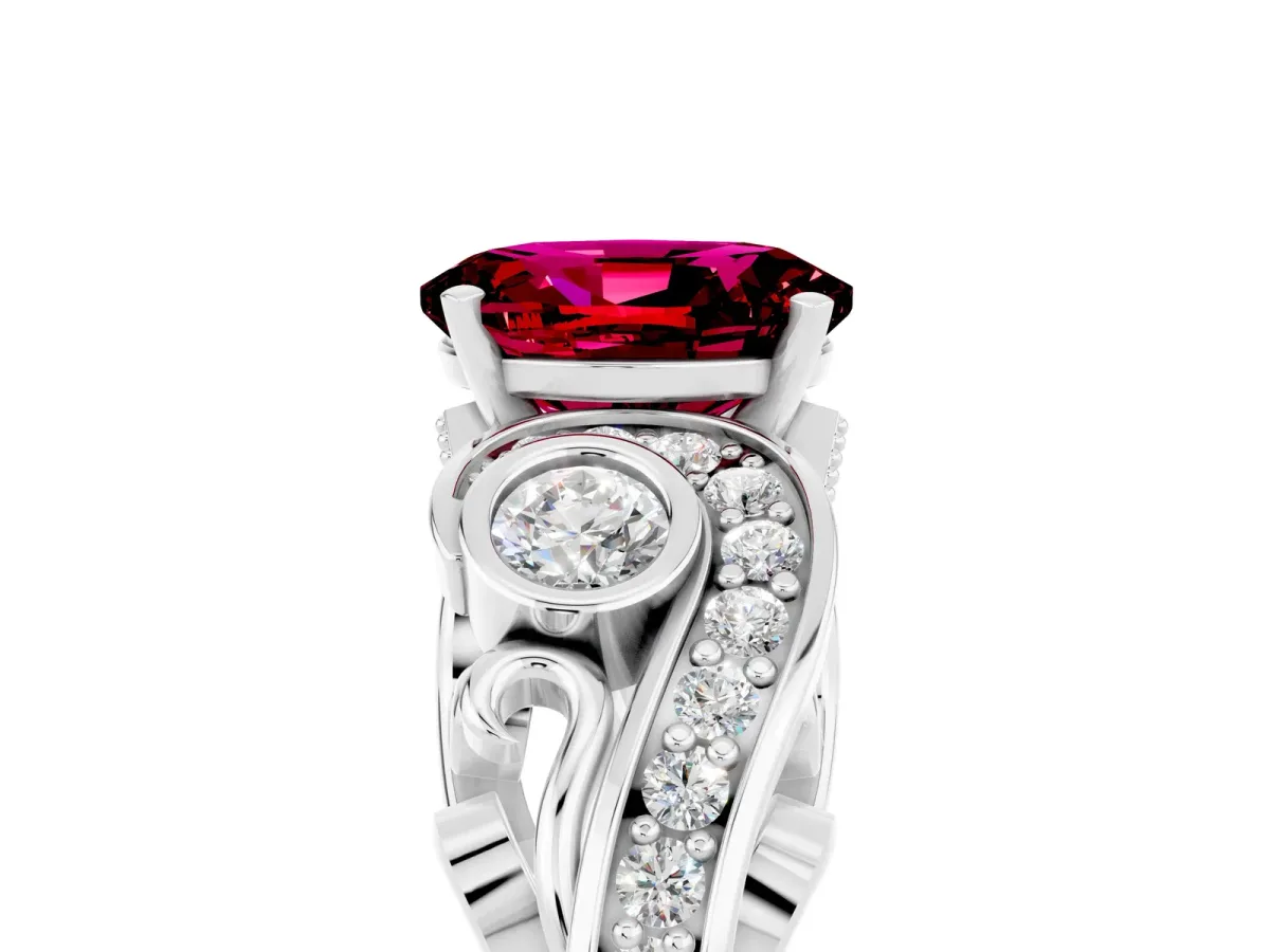 Oval Cut Garnet Solitaire Ring with Milgrain Pavé Band and Four-Prong Setting Silver