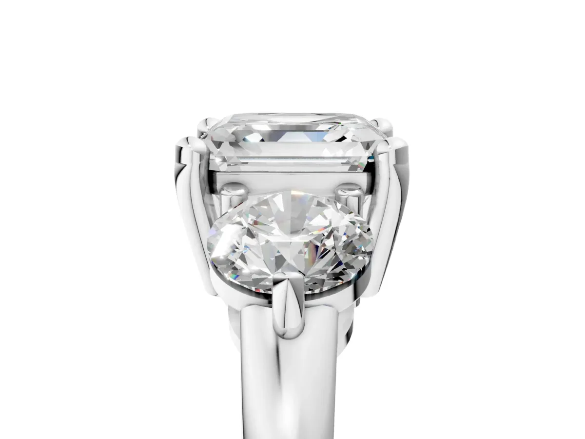 Three-Stone Asscher Cut Brilliant Cut Solitaire Ring with Prong Setting on a Classic Band Platinum