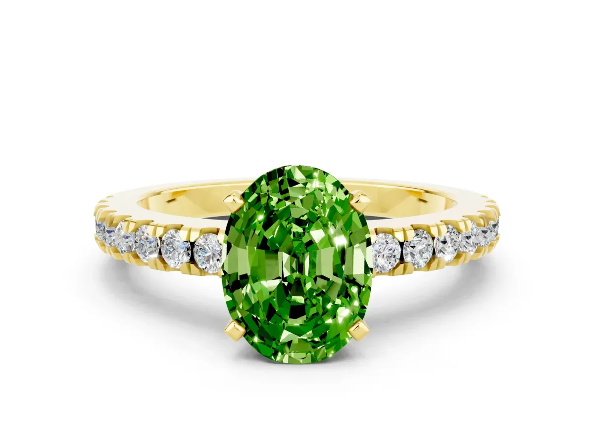 Oval Cut Solitaire Peridot with Pavé Band and Four-Prong Setting Yellow gold
