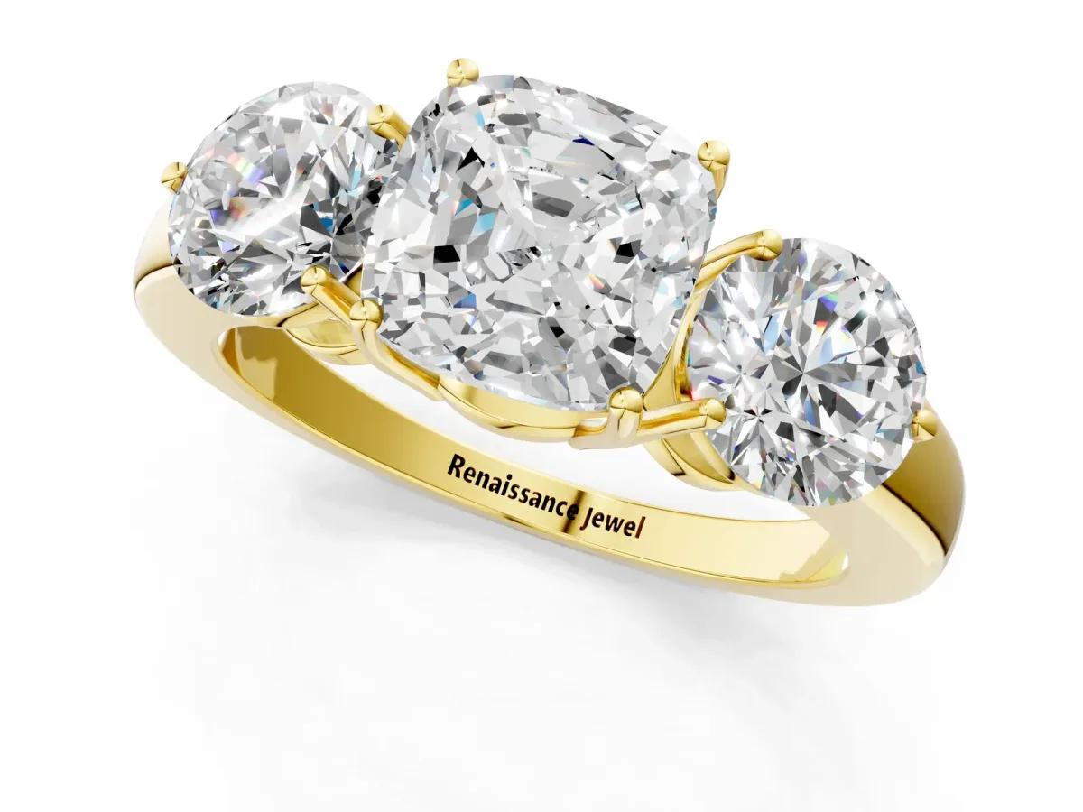 Cushion Cut Diamond Three-Stone Ring with Prong Setting and Classic Band Yellow gold