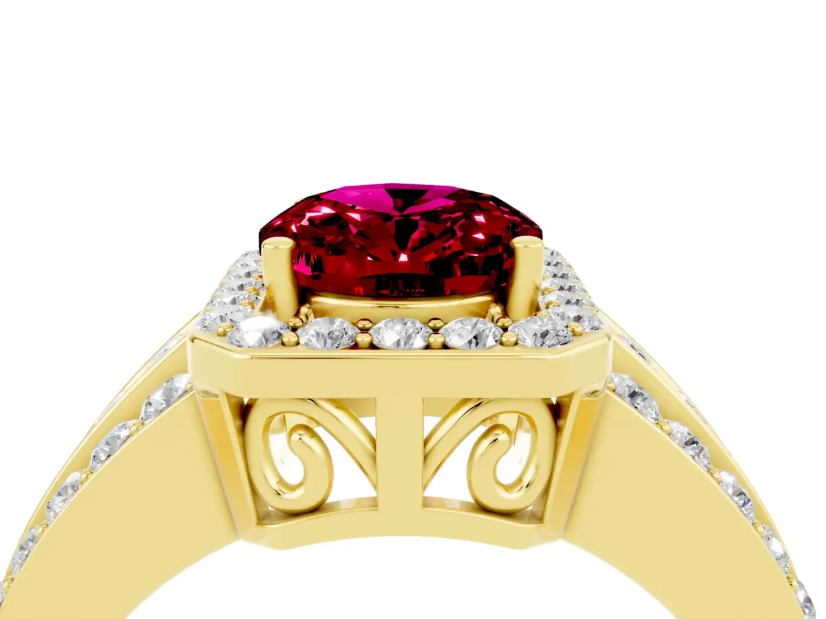 Oval Cut Halo Garnet Ring with Round Split Shank and Prong Setting Yellow gold