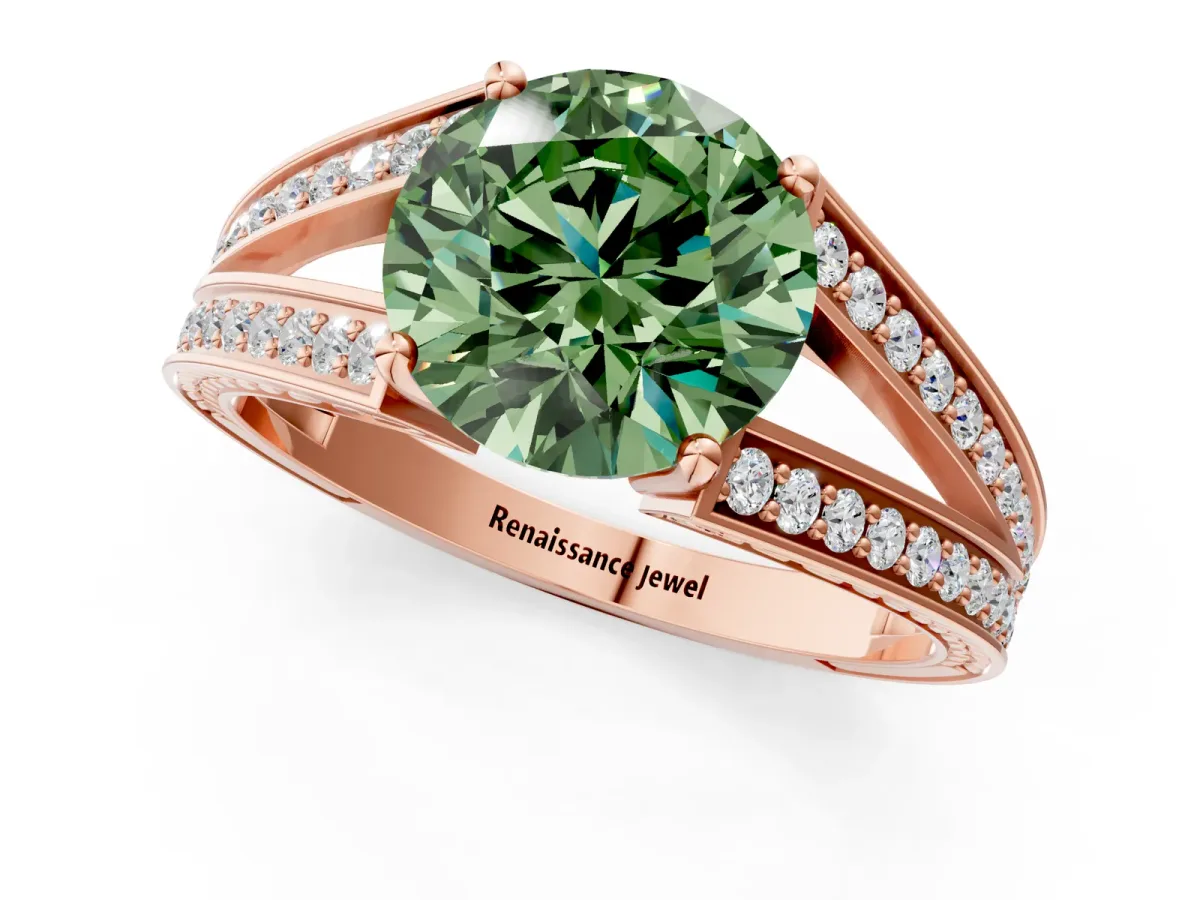Fancy Green Round Cut Diamond Split Shank Ring with Pavé Band and Four-Prong Setting Rose gold