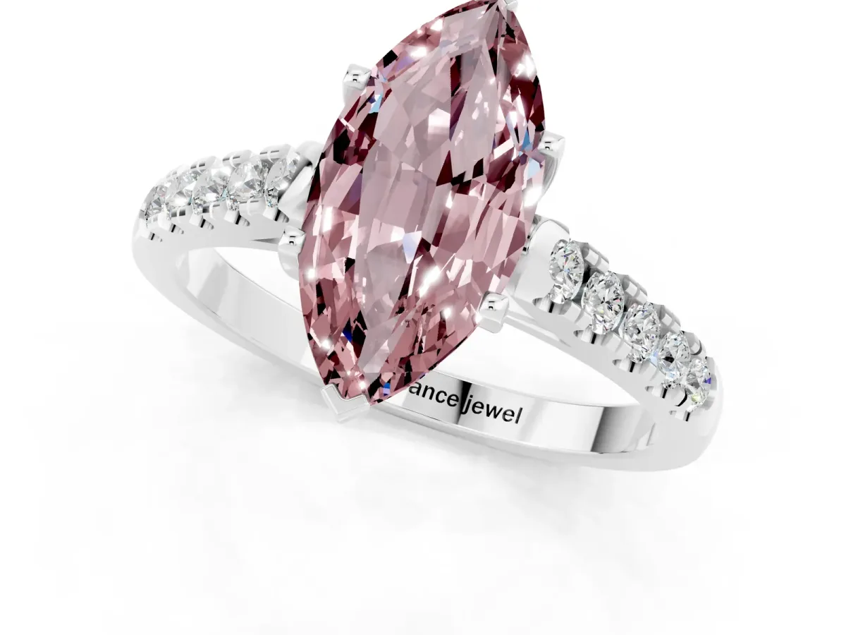 Marquise Cut Morganite Pavé Band Solitaire Ring with Prong Setting Silver