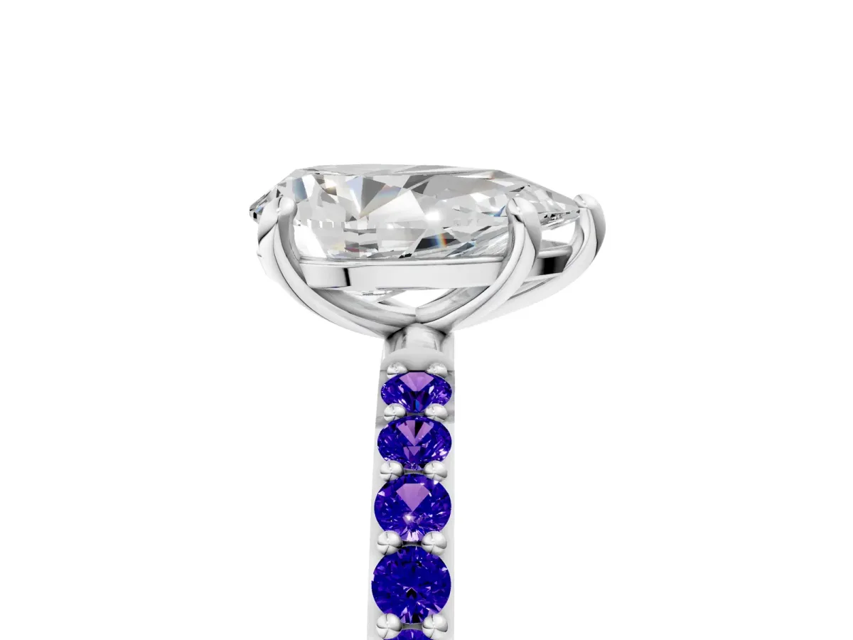 Pear Cut Diamond Solitaire Ring with Round Tanzanite Pavé Band and Prong Setting Silver