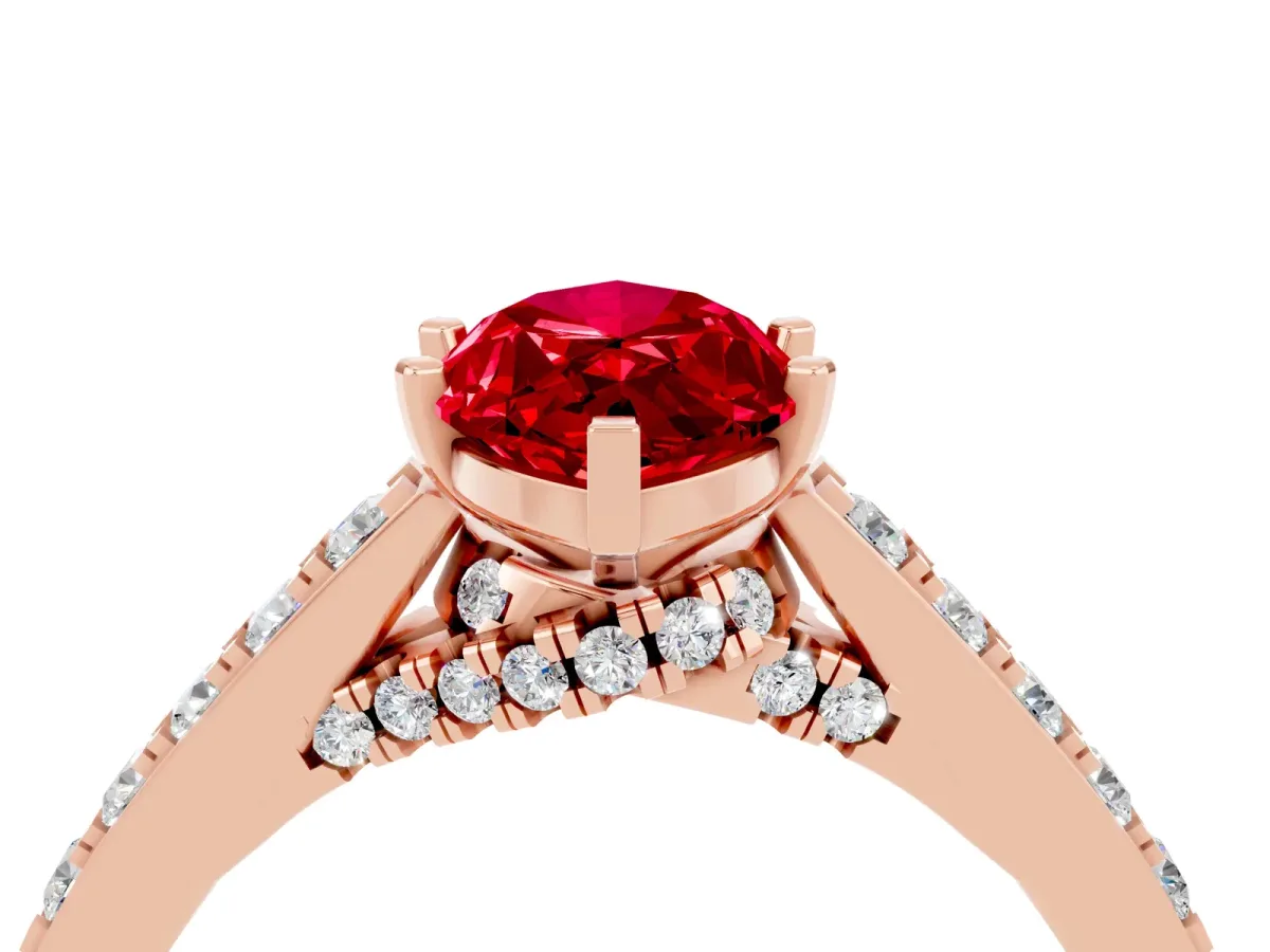 Marquise Cut Ruby Solitaire Ring with Crossover Gallery and Round Pavé Band Rose gold