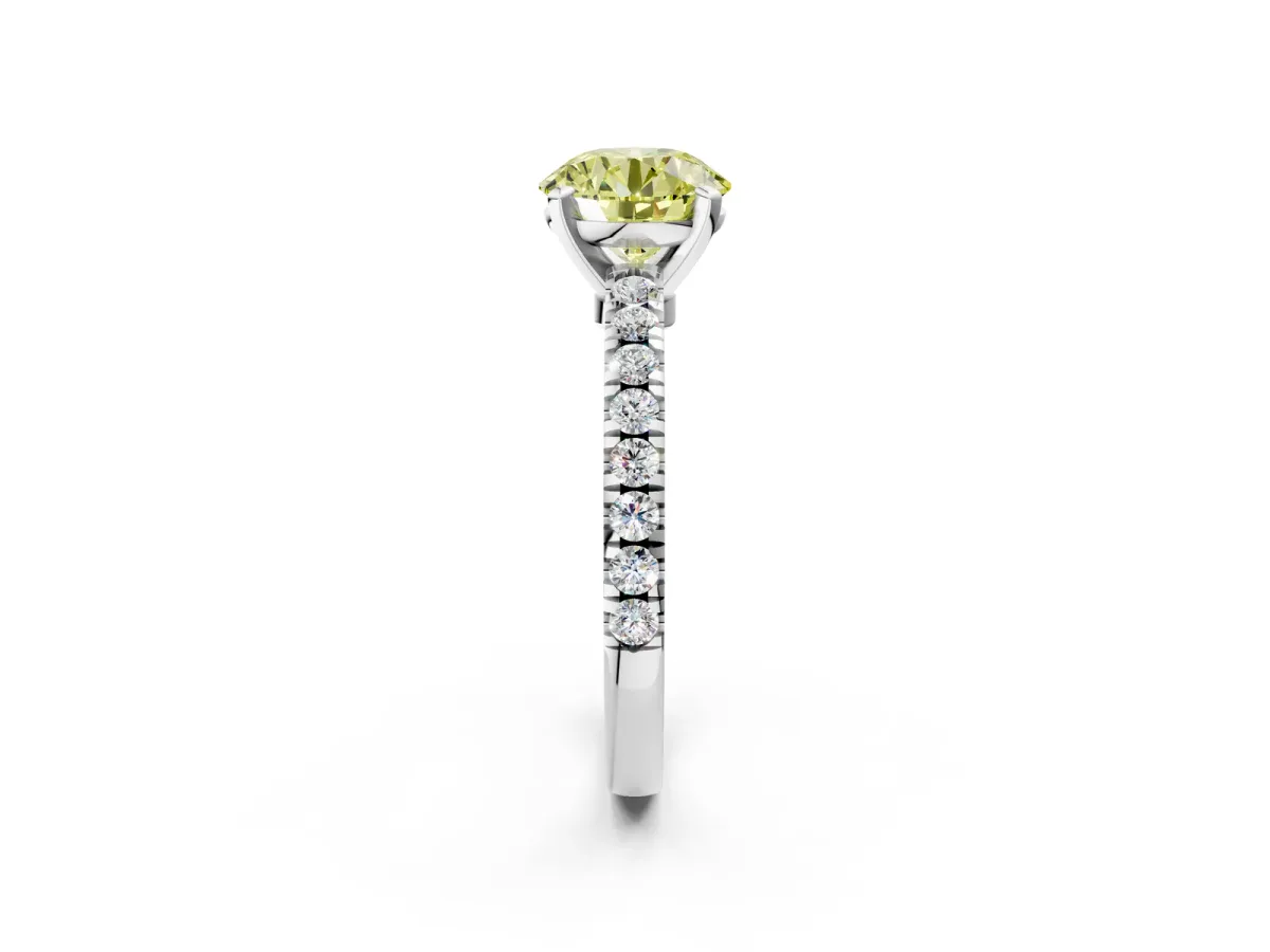Fancy Yellow Round Cut Solitaire Diamond with Pavé Band and Four-Prong Setting Platinum