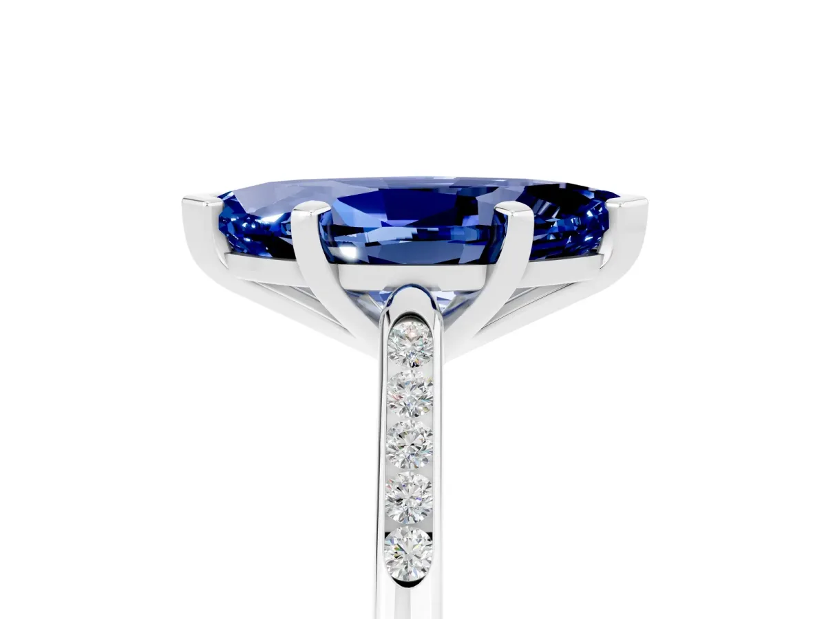 Marquise Cut Blue Sapphire Solitaire Ring with Channel Set Round Band and Prong Setting Silver