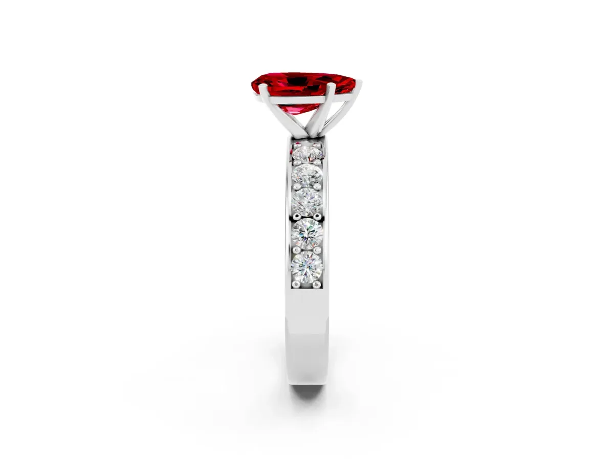Pear Cut Ruby Engagement Ring with Channel Set Round Band and Prong Setting White gold