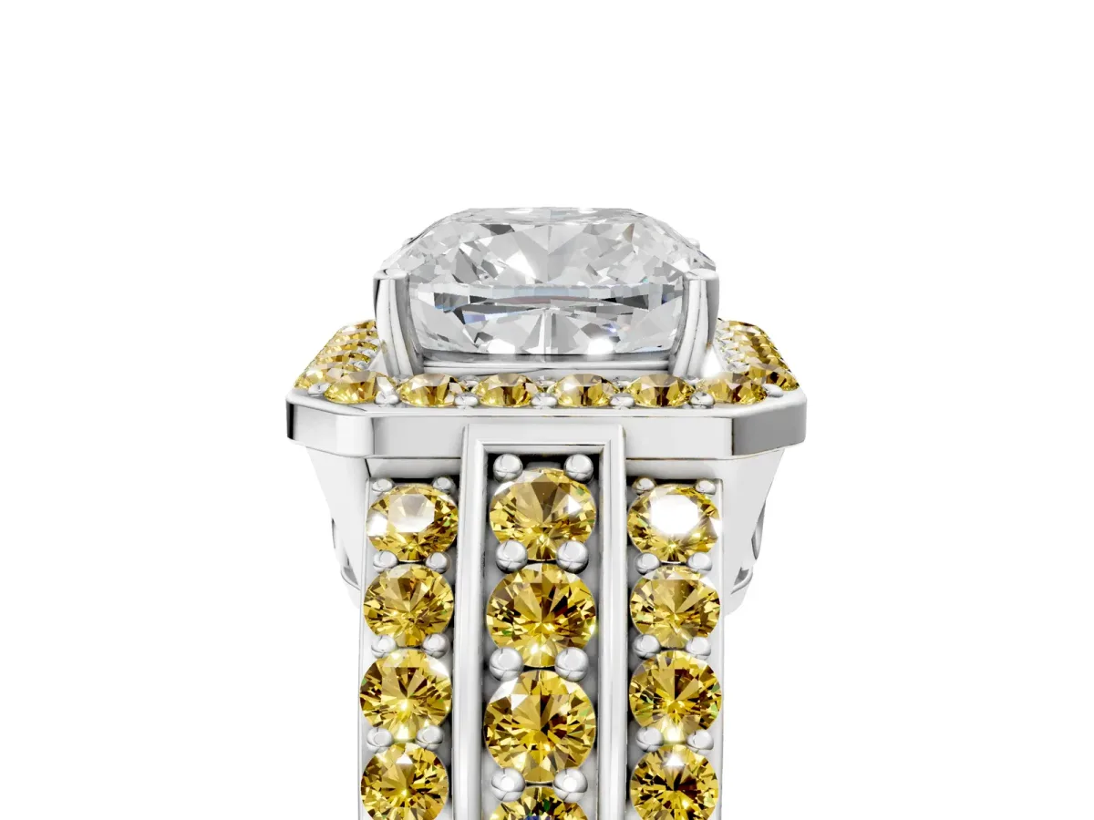 Cushion Cut Halo Diamond Ring with Round Yellow Sapphire Split Shank and Prong Setting Silver