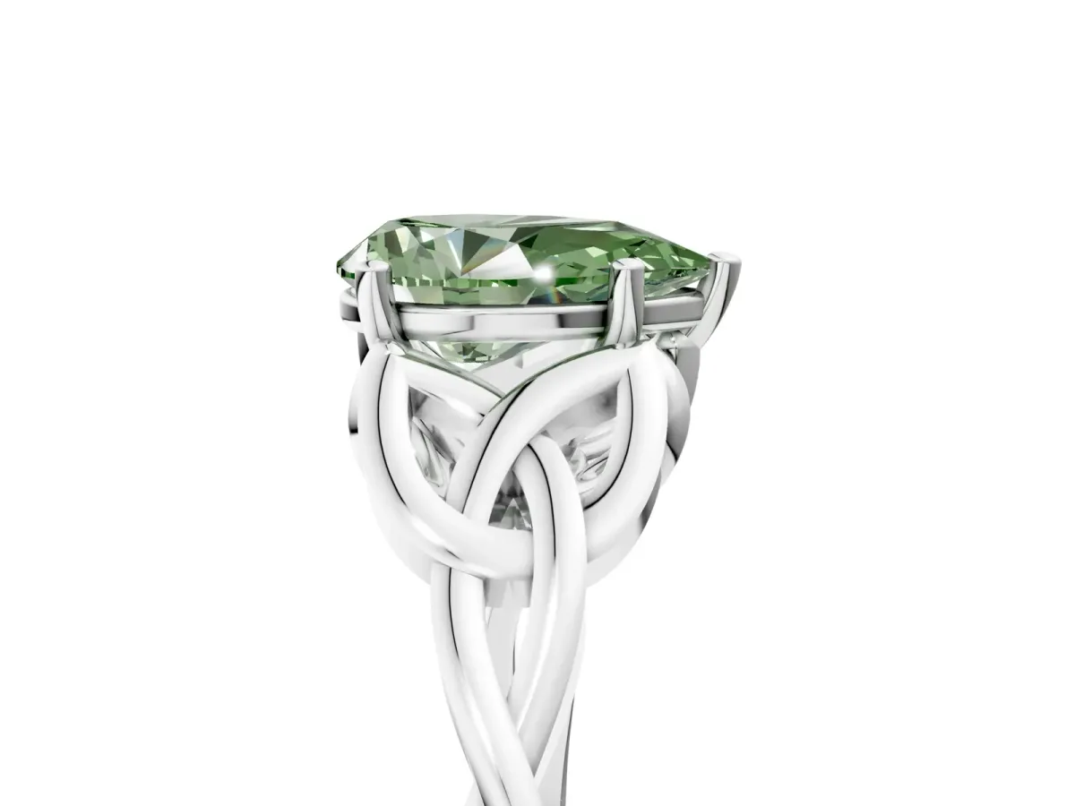Fancy Green Pear Cut Diamond Solitaire Celtic Knot Ring with Four-Prong Setting White gold