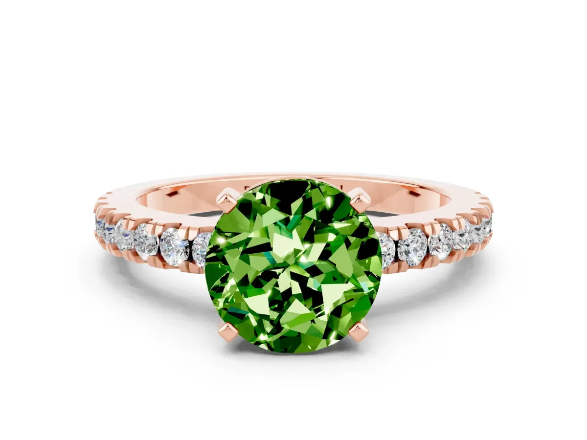 Round Cut Solitaire Peridot with Pavé Band and Four-Prong Setting Rose gold