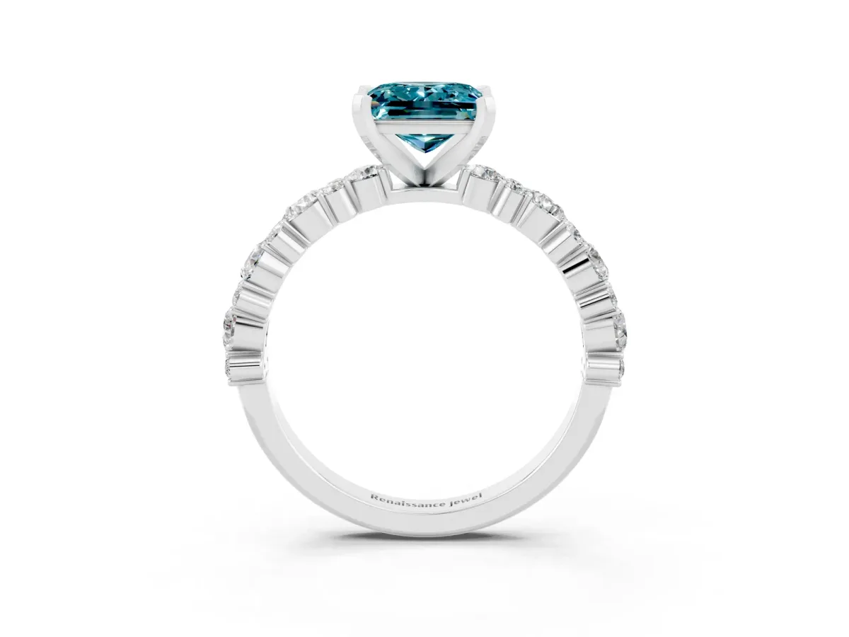 Princess Cut Blue Topaz Side Stone Solitaire Ring with Round and Four-Prong Setting Silver
