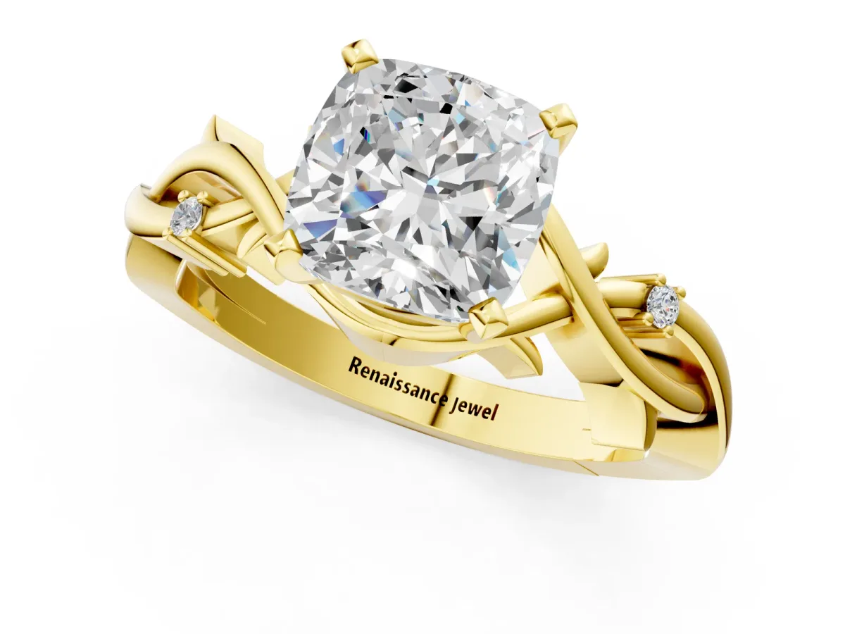 Cushion Cut Diamond Solitaire Ring with Twisted Band and Prong Setting Yellow gold